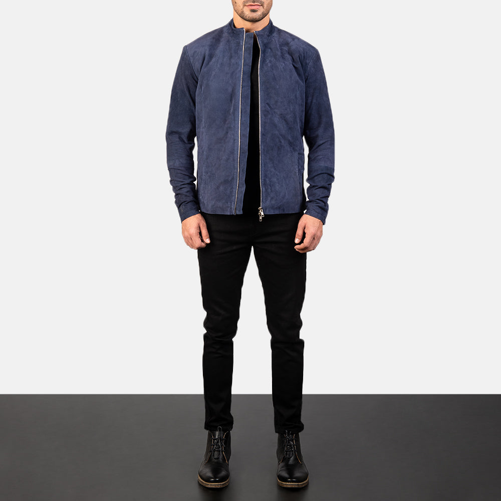 Men's Charcoal Navy Blue Suede Læder Bikerjakke til Mænd - Lateral Side Profile View Showing Sleeve Cut &amp; Athletic Taper Fit