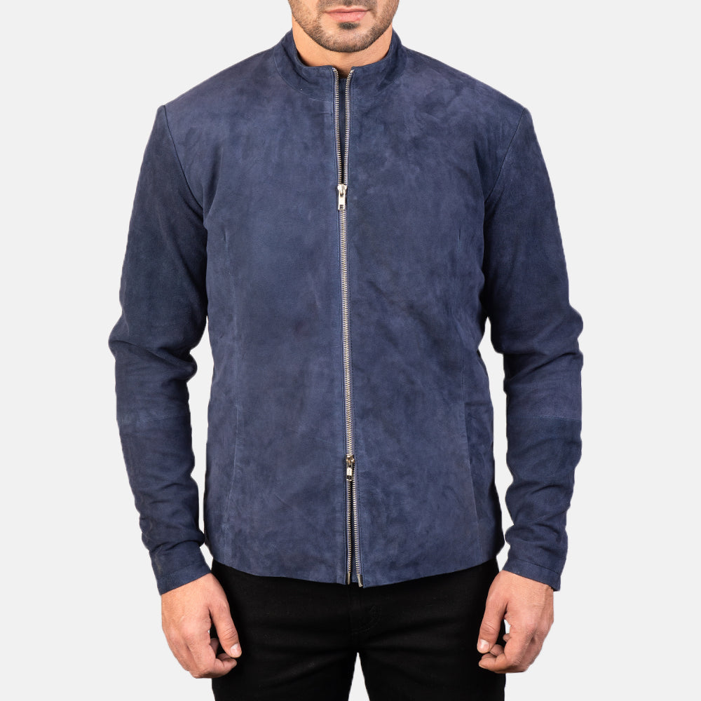 Close-Up Detail of Mandarin &amp; Zipper with Dual Puller Hardware on Men's Charcoal Navy Blue Suede Læder Bikerjakke til Mænd