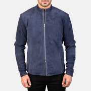 Close-Up Detail of Mandarin &amp; Zipper with Dual Puller Hardware on Men's Charcoal Navy Blue Suede Læder Bikerjakke til Mænd