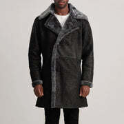 
Nærbillede of Notch & Button Hardware on Charles Brown Suede Leather Shearling Double-Breasted Coat