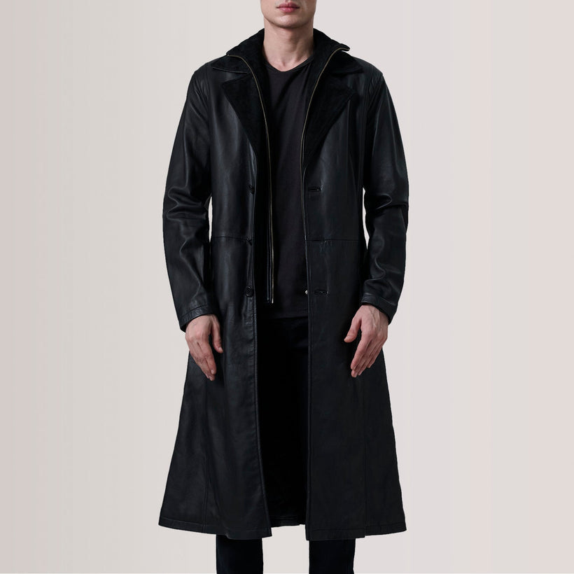 Charlton Sort Leather Single Breasted Coat til Mænd