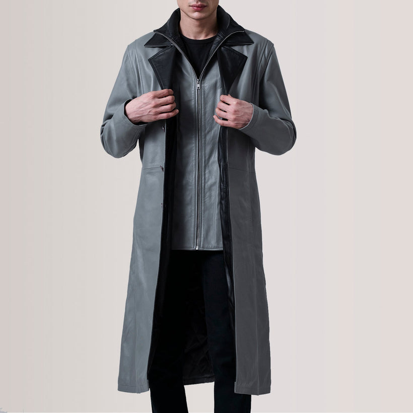 Charlton Grey Leather Single Breasted Coat til Mænd