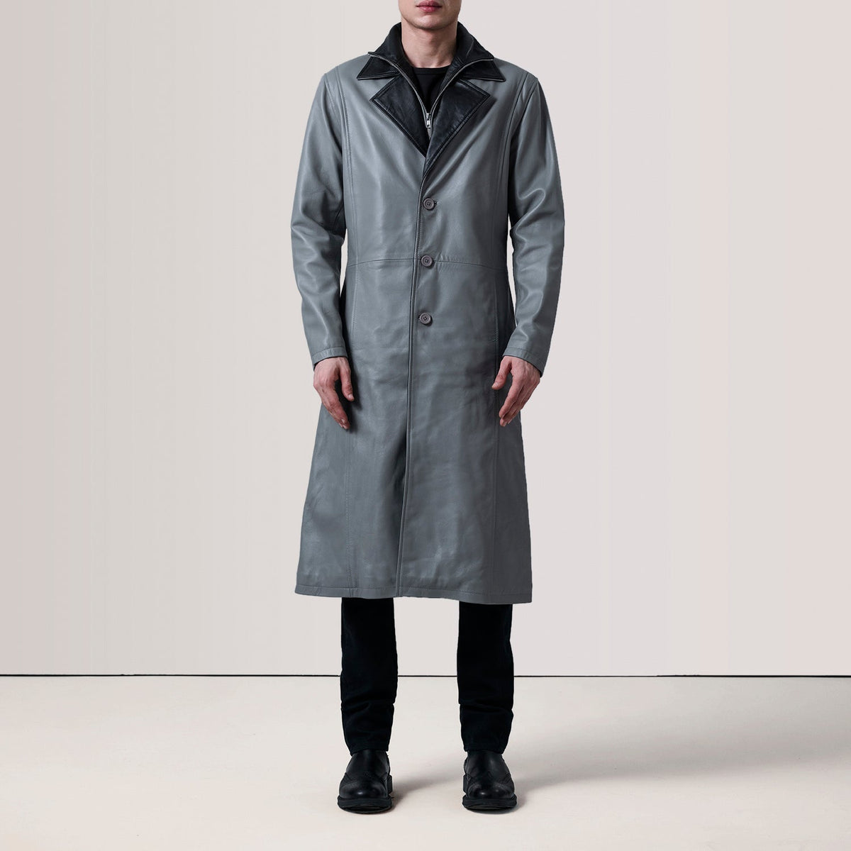 
Grey Sheepskin leather Coat - Bagfra med tilpassede skuldre og ren kant