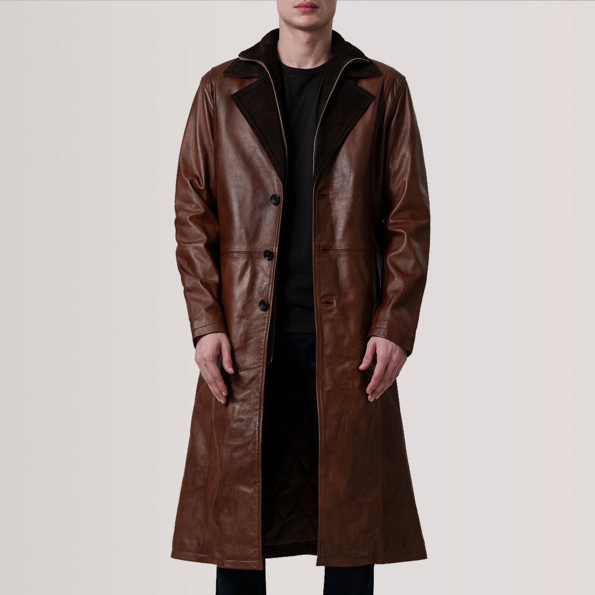 
Charlton Waxed Brun Leather Single Breasted Læderfrakke til Mænd For Men in Distressed Brown Sheepskin Burnished - Forfra med skræddersyet silhuet | Køb online