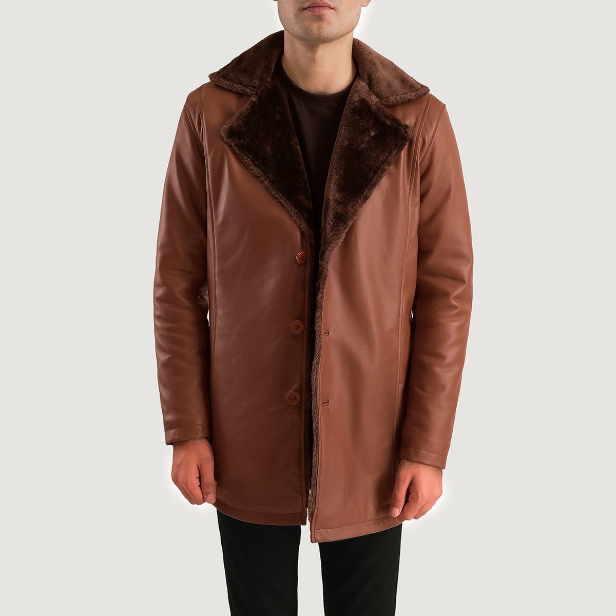 
Nærbillede of Shirt & Button Hardware on Cinnamon Brun Leather Fur Læderfrakke til Mænd