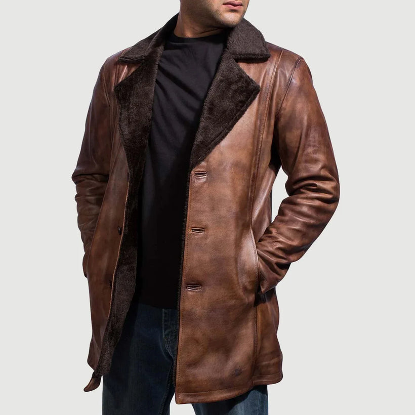 Cinnamon Distressed Leather Fur Coat til Mænd