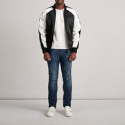 Close-Up Detail of Varsity &amp; Zipper Hardware on Clarke Sort Varsity Læderjakke til Mænd