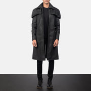 Men's Classic Distressed Sort Leather Duster til Mænd in Distressed Black Sheepskin Snuffed - Front Profile View &amp; Tailored Silhouette | Buy Online