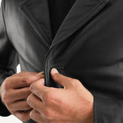 Close-Up Detail of Notch &amp; Button Hardware on Men's Classmith Black Leather Coat