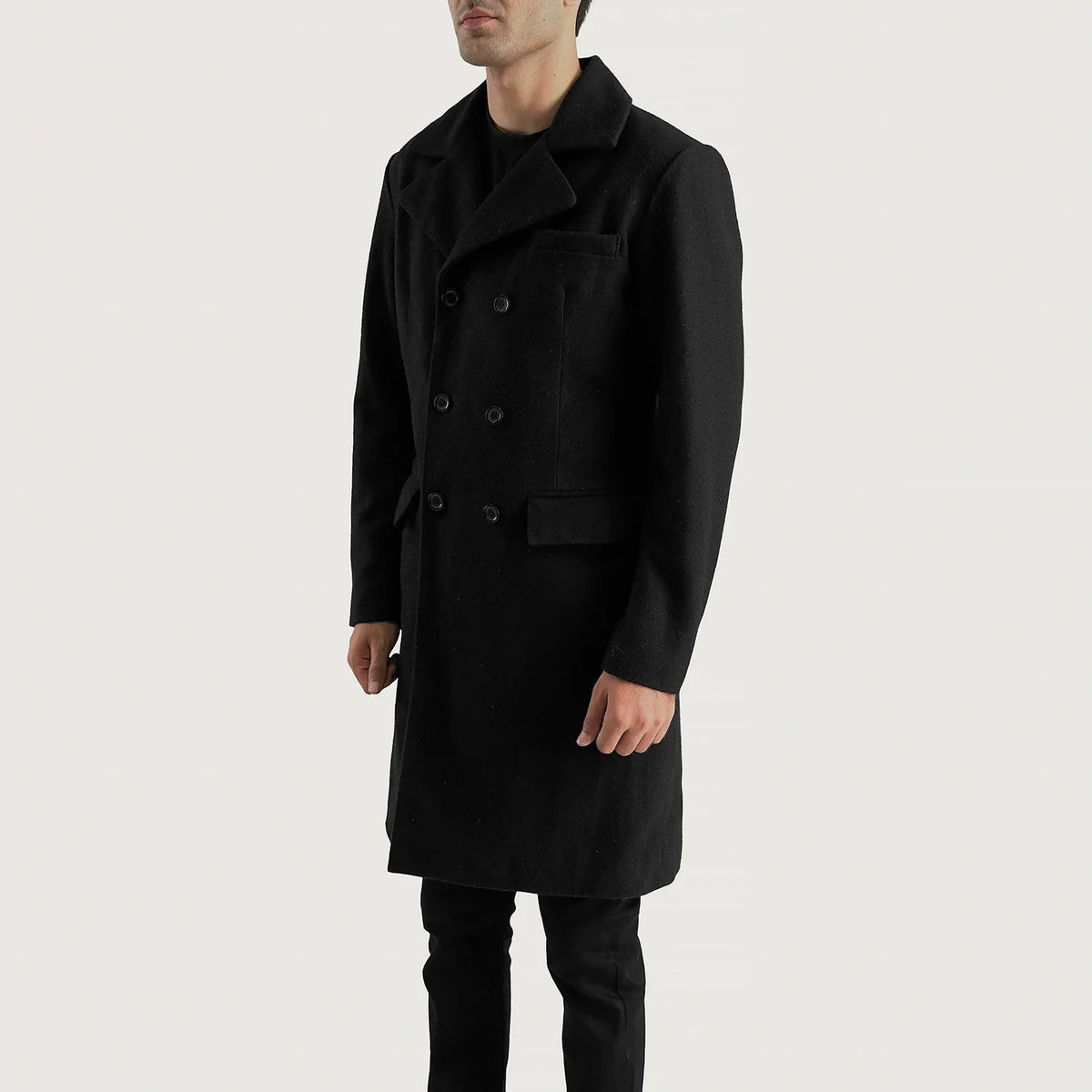 
Black Synthetic Wool Trench Coat - Bagfra med tilpassede skuldre og ren kant