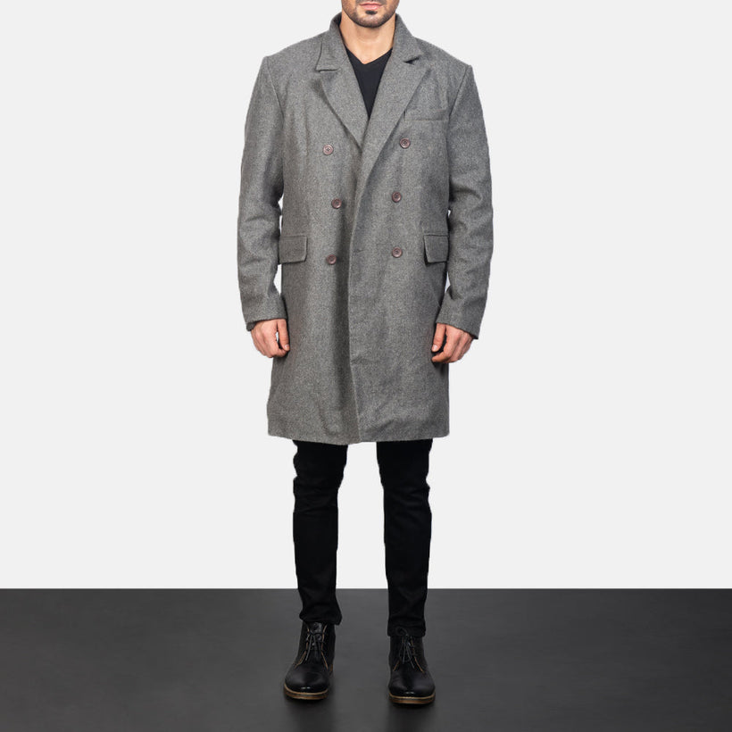 Claud Grey Wool Double-Breasted Læderfrakke til Mænd