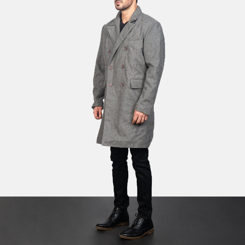Claud Grey Wool Double-Breasted Læderfrakke til Mænd
