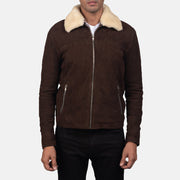 Close-Up Detail of Shirt with Removable Fur Collar &amp; Zipper Hardware on Men's Coffner Brun Shearling Fur Læderjakke til Mænd