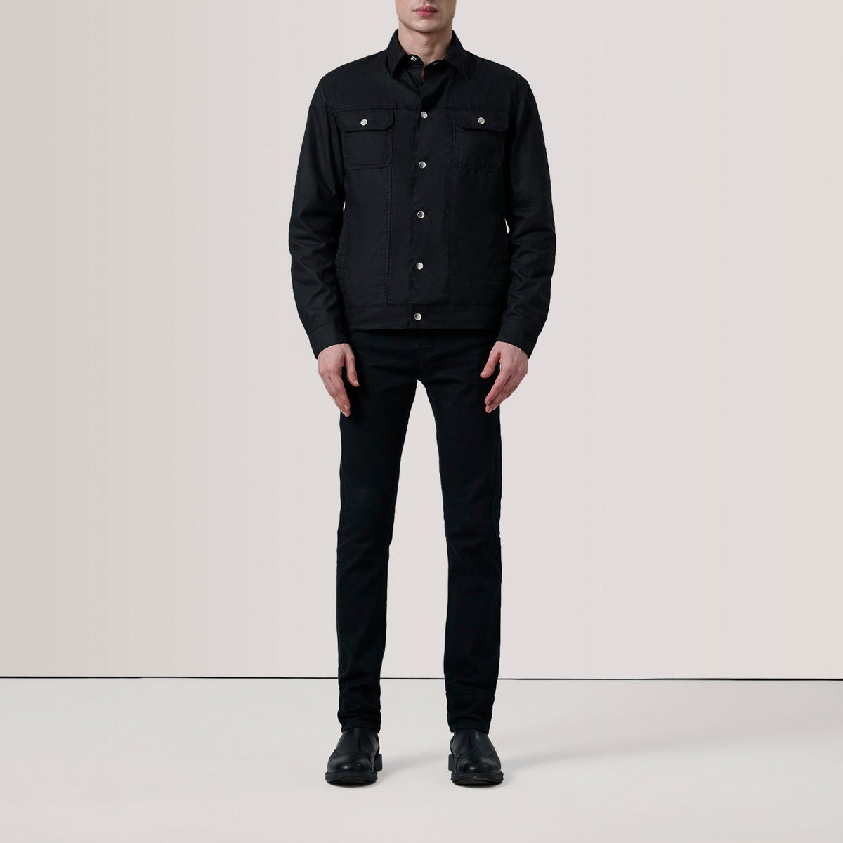 Black Waxed Cotton Canvas Leather Jacket - Back View Showing Tailored Shoulder Fit &amp; Clean Hemline
