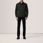 Olive Waxed Cotton Canvas Leather Jacket - Back View Showing Tailored Shoulder Fit &amp; Clean Hemline