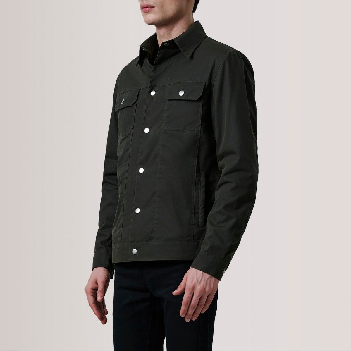 Colberto Olive Waxed Canvas Trucker Læderjakke til Mænd For Men - Lateral Side Profile View Showing Sleeve Cut &amp; Athletic Taper Fit