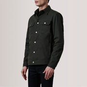 Colberto Olive Waxed Canvas Trucker Læderjakke til Mænd For Men - Lateral Side Profile View Showing Sleeve Cut &amp; Athletic Taper Fit