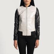 Women's Cole Silver Læder Bomberjakke til Kvinder in Silver &amp; Black Sheepskin Leather - Front Profile View &amp; Tailored Silhouette | Buy Online