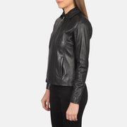 Women Colette Sort Læderjakke til Kvinder - Lateral Side Profile View Showing Sleeve Cut &amp; Athletic Taper Fit