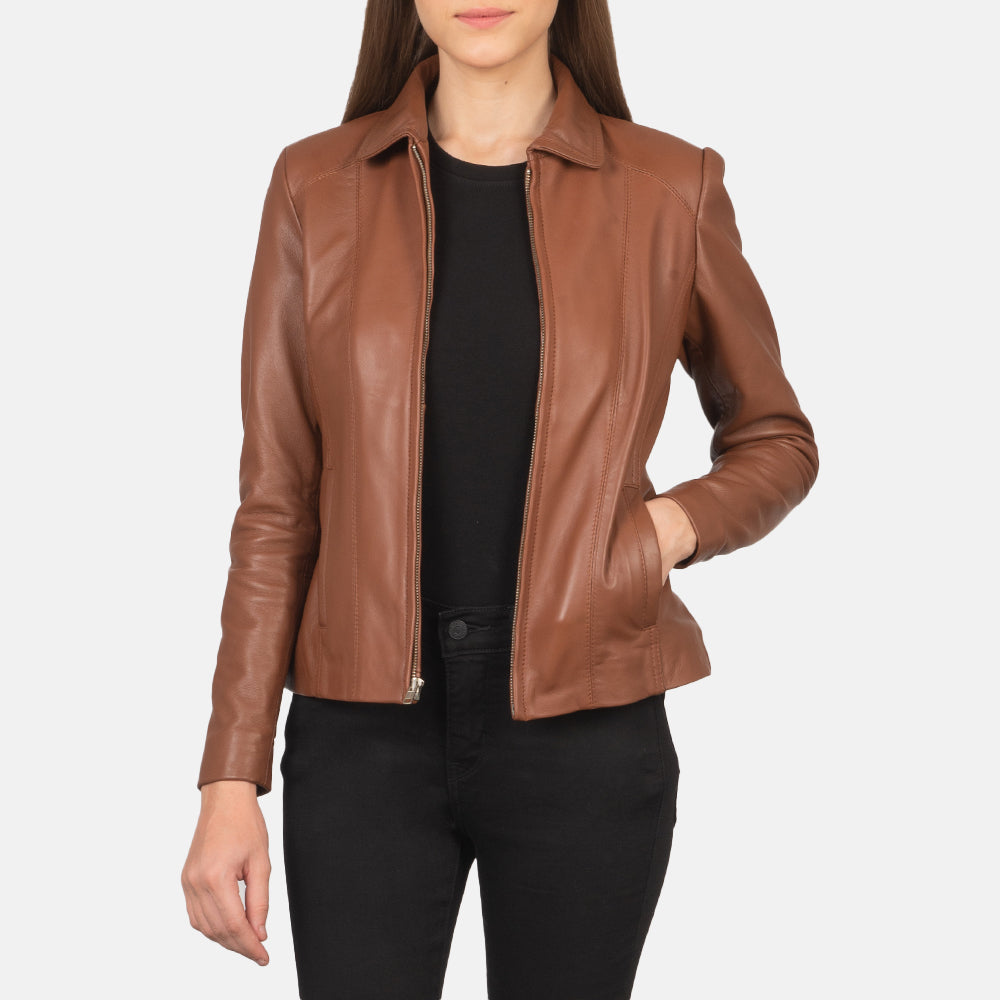 Women Colette Brun Læderjakke til Kvinder in Brown Sheepskin Leather - Front Profile View &amp; Tailored Silhouette | Buy Online