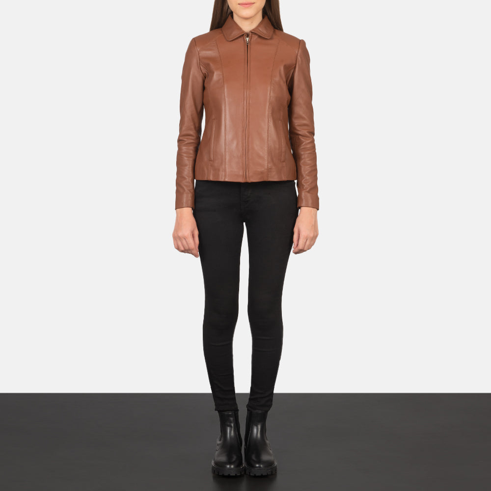 Women Colette Brun Læderjakke til Kvinder - Lateral Side Profile View Showing Sleeve Cut &amp; Athletic Taper Fit