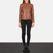 Women Colette Brun Læderjakke til Kvinder - Lateral Side Profile View Showing Sleeve Cut &amp; Athletic Taper Fit