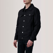 Conard Sort Denim Trucker Læderjakke til Mænd For Men - Lateral Side Profile View Showing Sleeve Cut &amp; Athletic Taper Fit