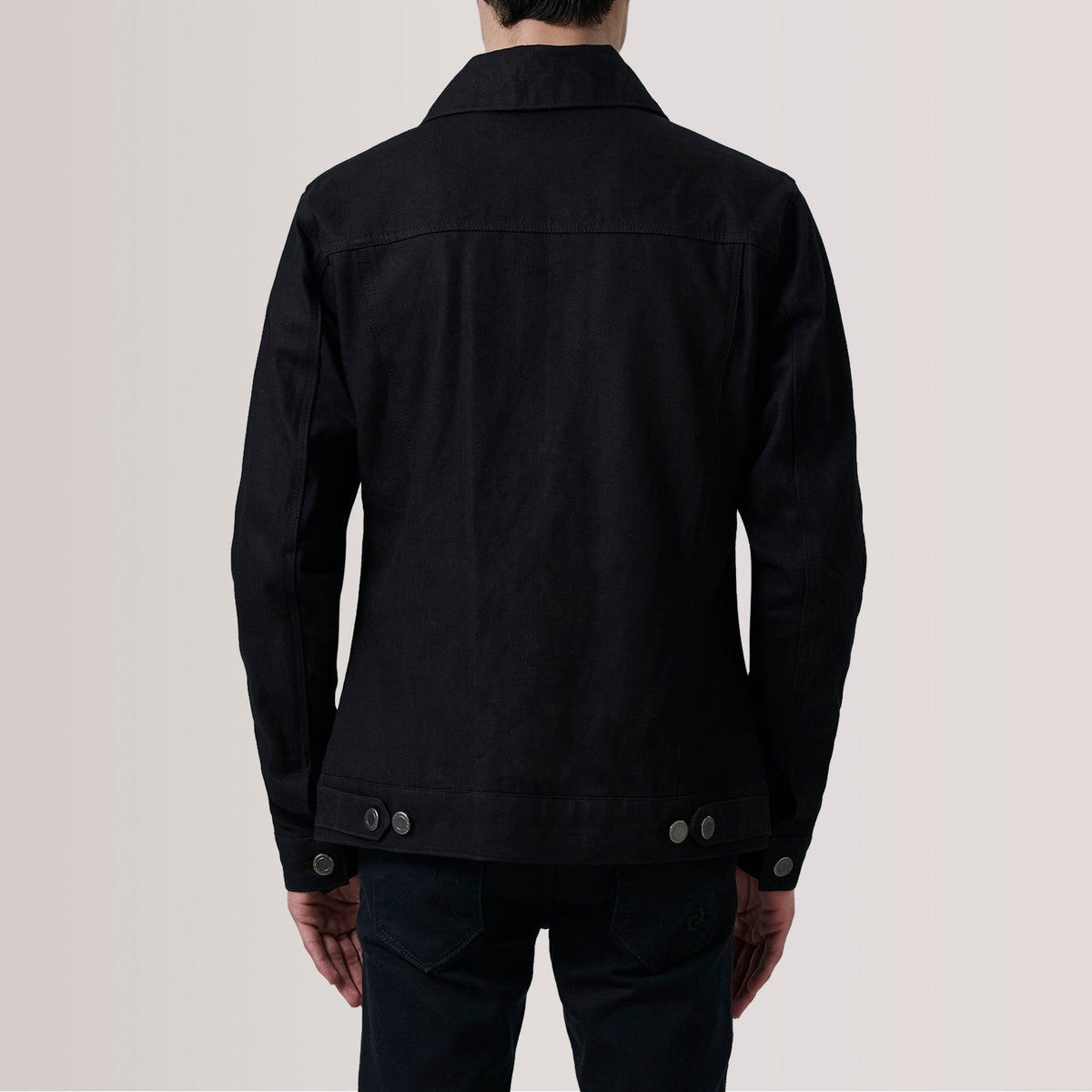 Close-Up Detail of Classic Collar &amp; Heavy-Duty Zipper Hardware on Conard Sort Denim Trucker Læderjakke til Mænd For Men