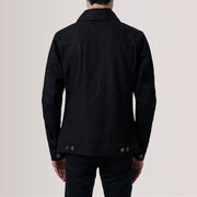 Close-Up Detail of Classic Collar &amp; Heavy-Duty Zipper Hardware on Conard Sort Denim Trucker Læderjakke til Mænd For Men