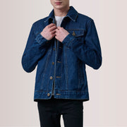 Conard Dark Blue Denim Trucker Læderjakke til Mænd For Men in Dark Blue Full-Grain Leather - Front Profile View &amp; Tailored Silhouette | Buy Online