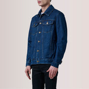 Conard Dark Blue Denim Trucker Læderjakke til Mænd For Men - Lateral Side Profile View Showing Sleeve Cut &amp; Athletic Taper Fit