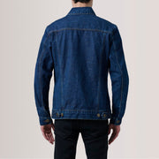 Close-Up Detail of Classic Collar &amp; Heavy-Duty Zipper Hardware on Conard Dark Blue Denim Trucker Læderjakke til Mænd For Men