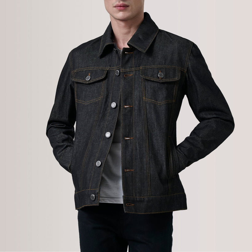 Conard Faded Sort Denim Trucker Læderjakke til Mænd