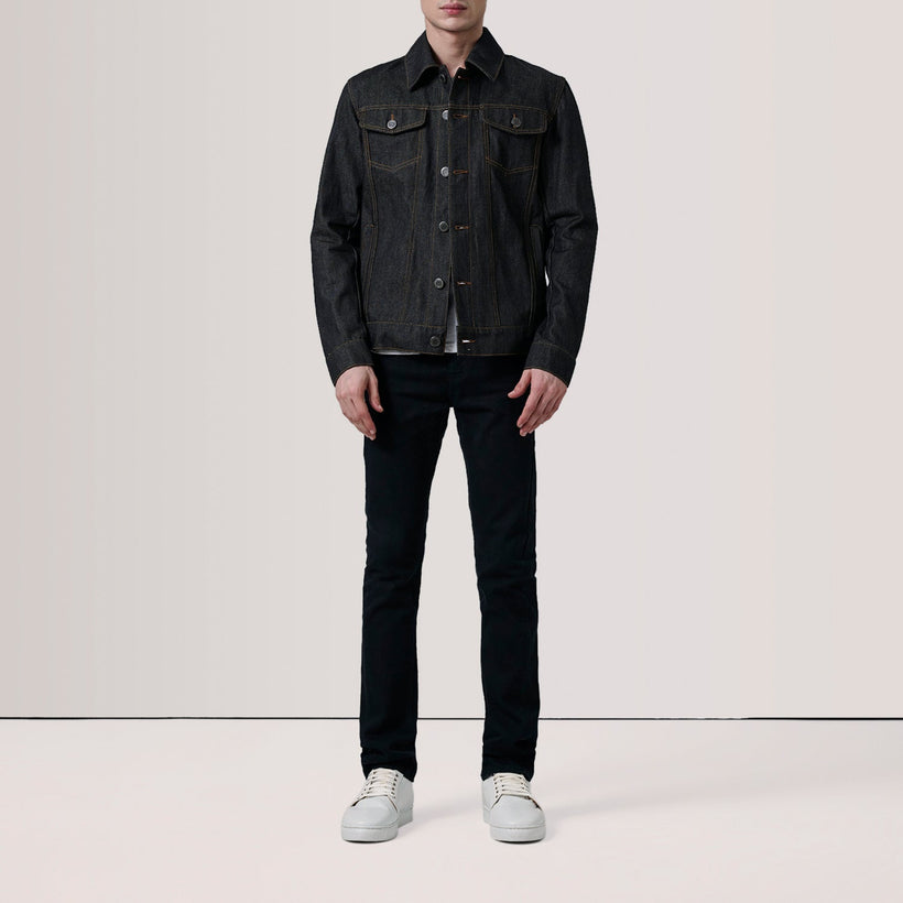 Conard Faded Sort Denim Trucker Læderjakke til Mænd