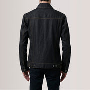 
Nærbillede of Classic Collar & Heavy-Duty Zipper Hardware on Conard Faded Sort Denim Trucker Læderjakke til Mænd For Men