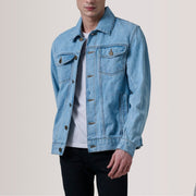 Conard Light Blue Denim Trucker Læderjakke til Mænd For Men in Light Blue Full-Grain Leather - Front Profile View &amp; Tailored Silhouette | Buy Online