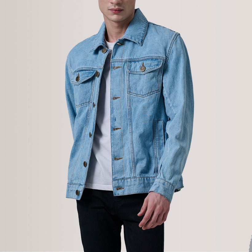 Conard Light Blue Denim Trucker Læderjakke til Mænd