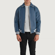 Cooper Blue Leather Varsity Læderjakke til Mænd in Blue Sheepskin Leather - Front Profile View &amp; Tailored Silhouette | Buy Online