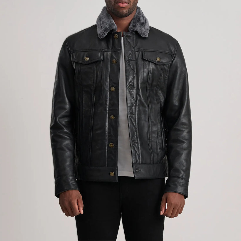 Dallis Sort Leather Shearling Trucker Læderjakke til Mænd