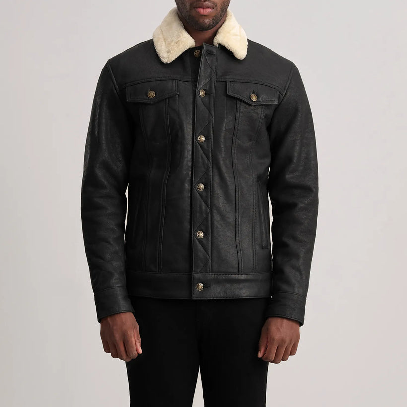 Dallis Distressed Sort Leather Shearling Trucker Læderjakke til Mænd