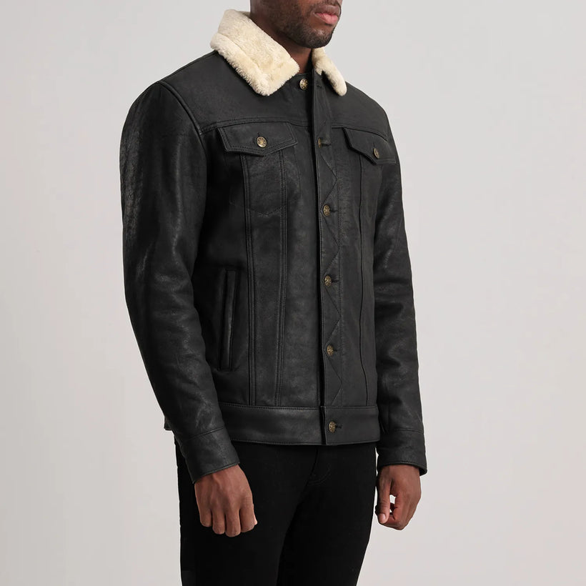Dallis Distressed Sort Leather Shearling Trucker Læderjakke til Mænd
