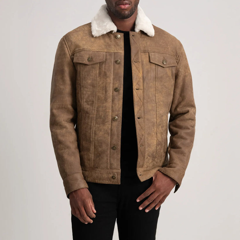 Dallis Distressed Brun Leather Shearling Trucker Læderjakke til Mænd