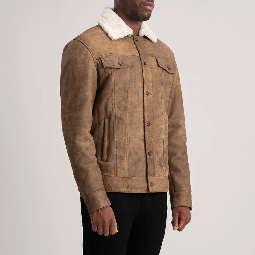 Dallis Distressed Brun Leather Shearling Trucker Læderjakke til Mænd
