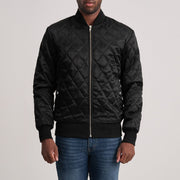 Danson Quilted Sort Varsity Læderjakke til Mænd in Black Satin - Front Profile View &amp; Tailored Silhouette | Buy Online
