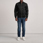 Close-Up Detail of Varsity &amp; Zipper Hardware on Danson Quilted Sort Varsity Læderjakke til Mænd
