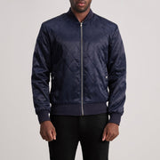 Danson Quilted Blue Varsity Læderjakke til Mænd in Blue Satin - Front Profile View &amp; Tailored Silhouette | Buy Online