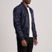 Blue Satin Varsity Jacket - Back View Showing Tailored Shoulder Fit &amp; Clean Hemline