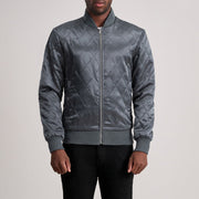 Danson Quilted Grey Varsity Læderjakke til Mænd in Grey Satin - Front Profile View &amp; Tailored Silhouette | Buy Online