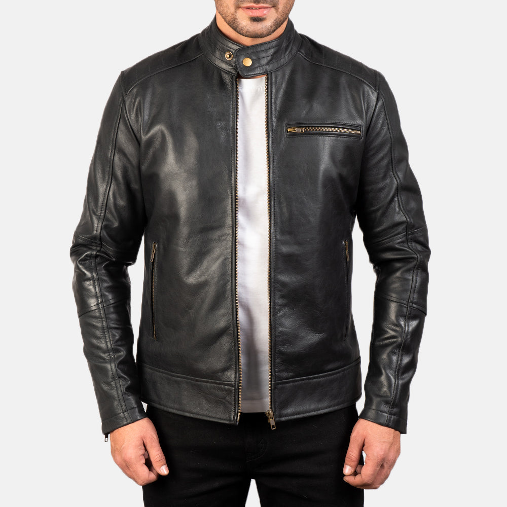 Dean Sort Læder Bikerjakke til Mænd in Black Cow Hide Leather - Front Profile View &amp; Tailored Silhouette | Buy Online