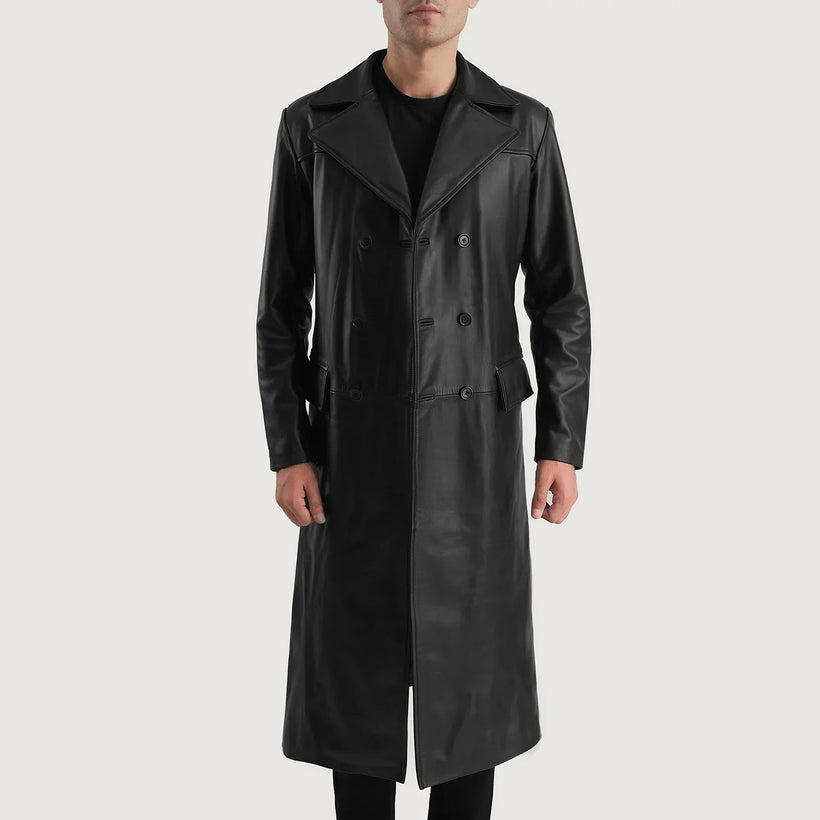 Delmar Sort Leather Double-Breasted Coat til Mænd